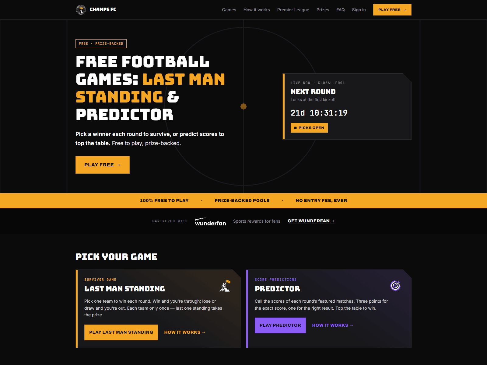 Champs FC — A free, prize-backed survivor football platform rebuilt so the game engine never knows which competition it is running.